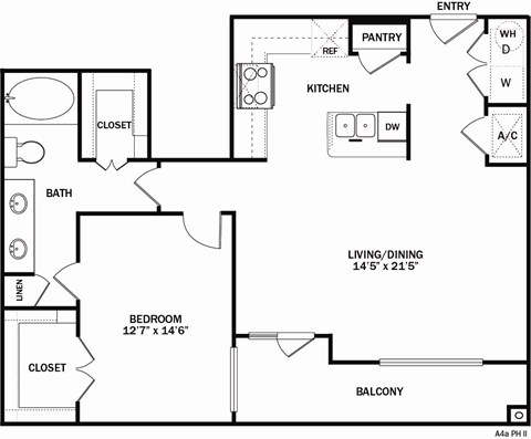 Floor plan for 1 bed, 1 bath, 1026 sqft